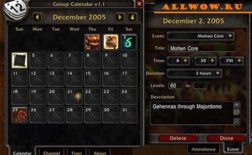 Group Calendar - Аддоны для 2.4.3 - World of Warcraft - Каталог файлов